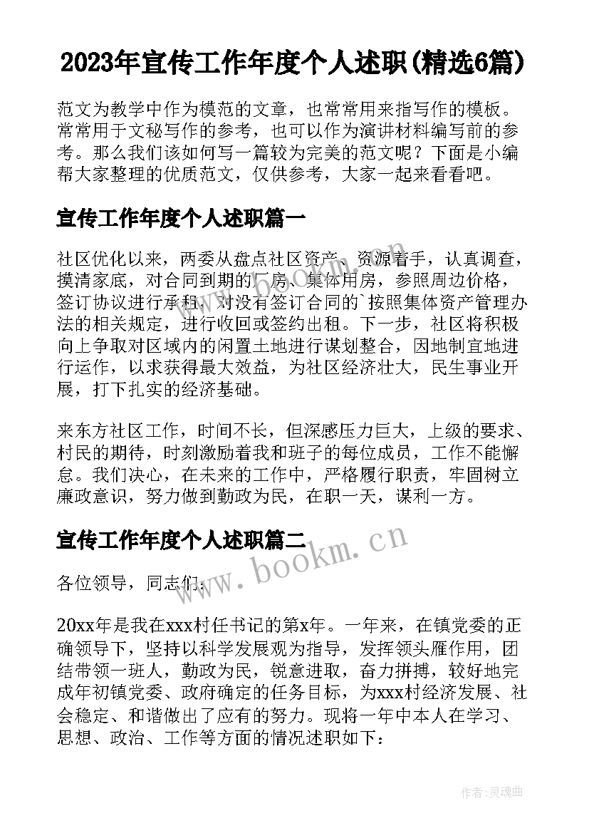 2023年宣传工作年度个人述职(精选6篇)