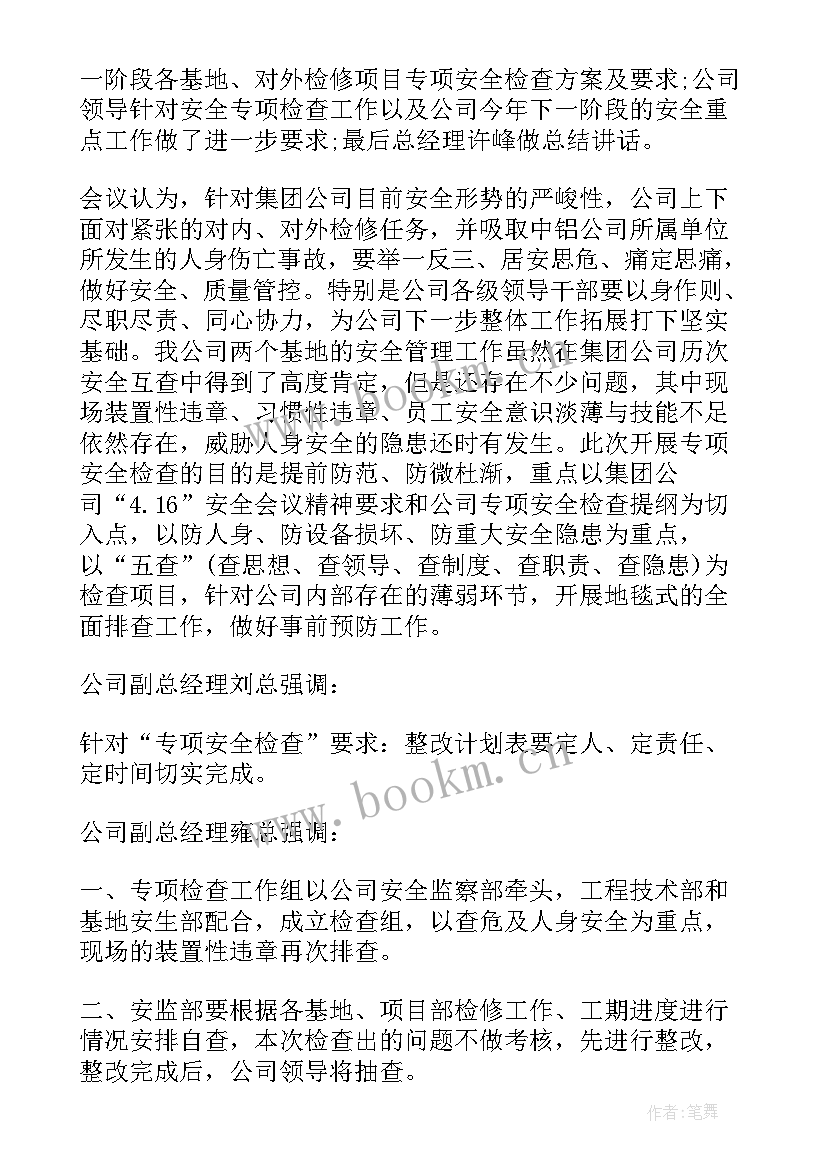 工作检查表 专项检查工作会议纪要(精选5篇)