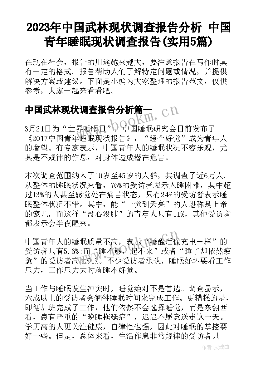 2023年中国武林现状调查报告分析 中国青年睡眠现状调查报告(实用5篇)