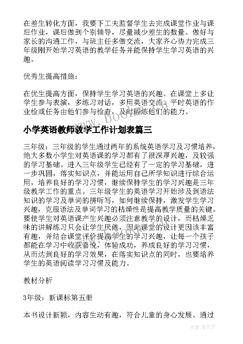 小学英语教师教学工作计划表 小学英语教师教学计划(实用5篇)