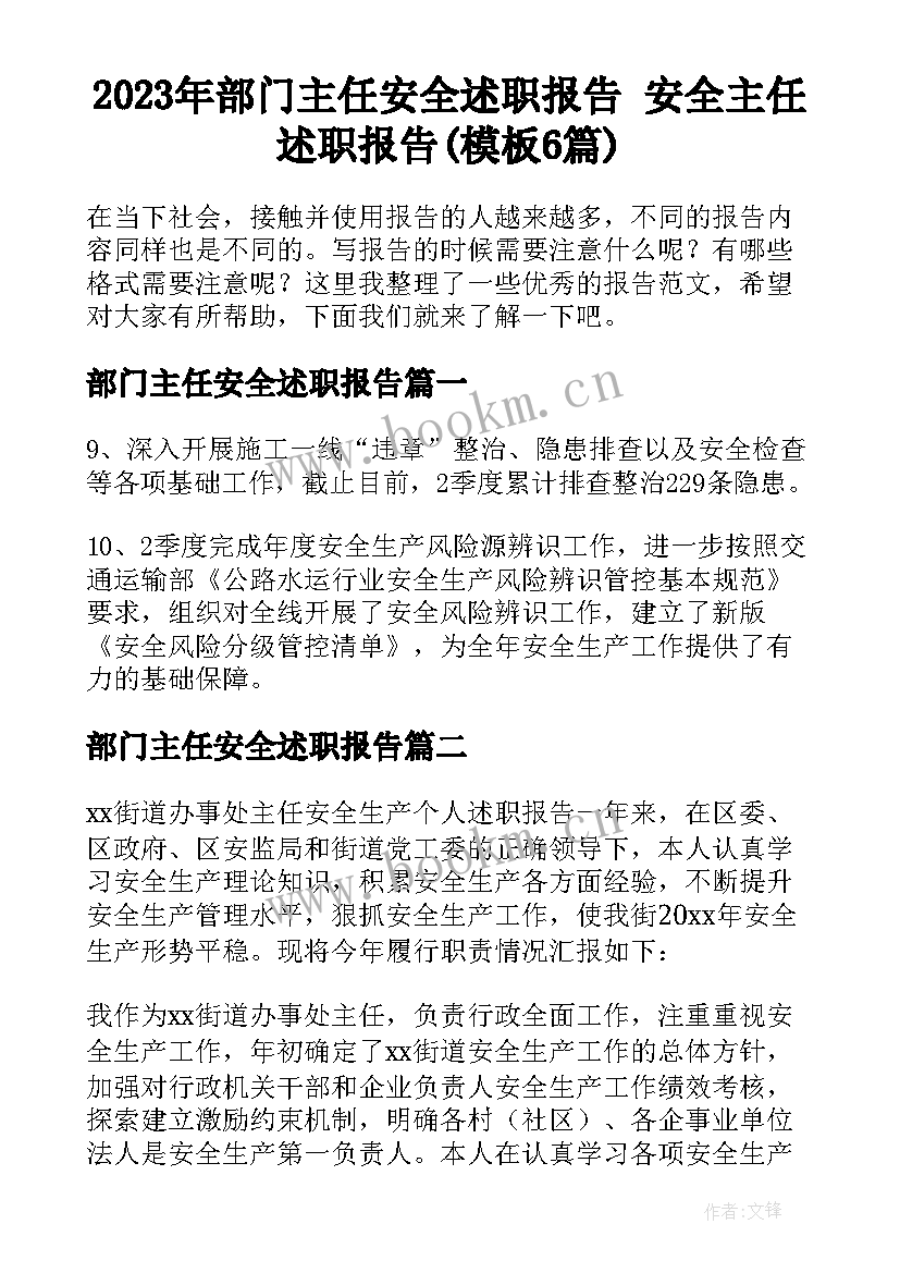 2023年部门主任安全述职报告 安全主任述职报告(模板6篇)