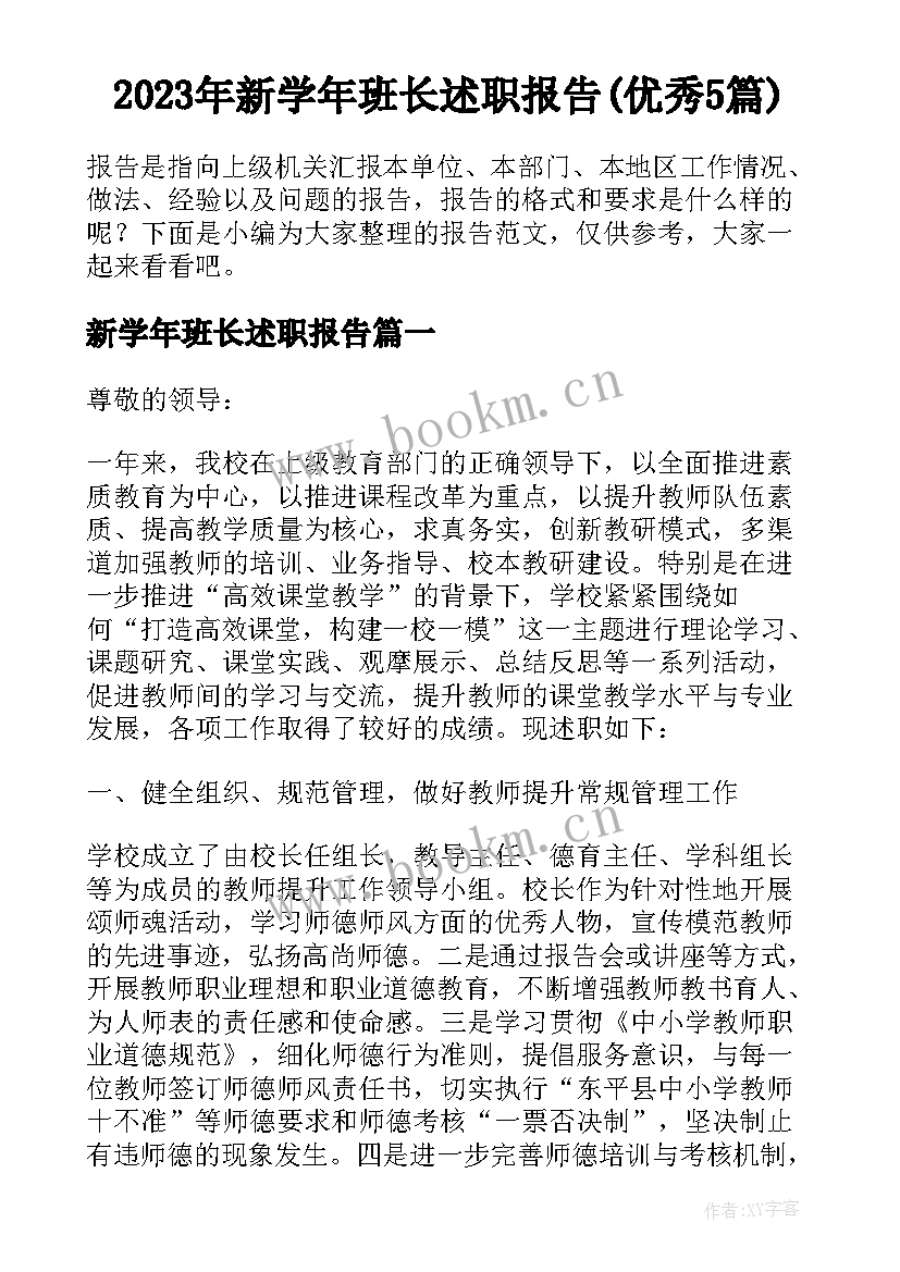 2023年新学年班长述职报告(优秀5篇)