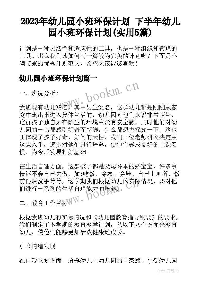 2023年幼儿园小班环保计划 下半年幼儿园小班环保计划(实用5篇)