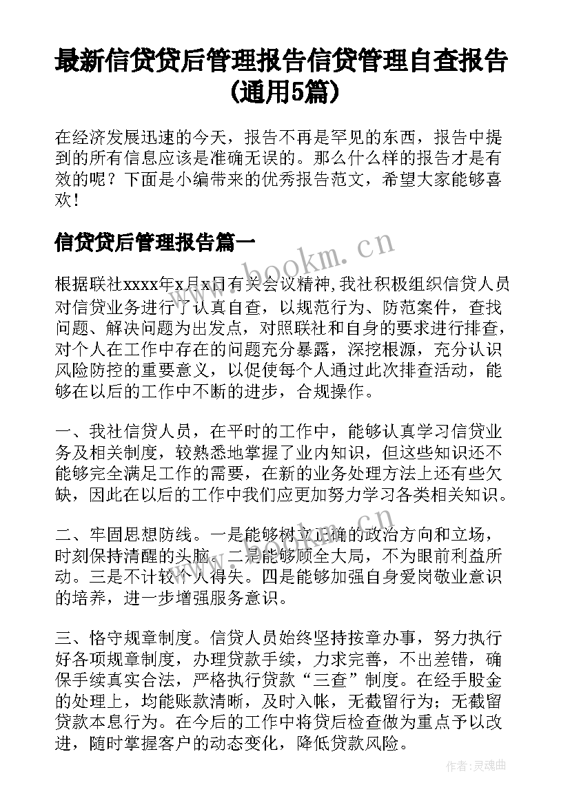 最新信贷贷后管理报告 信贷管理自查报告(通用5篇)