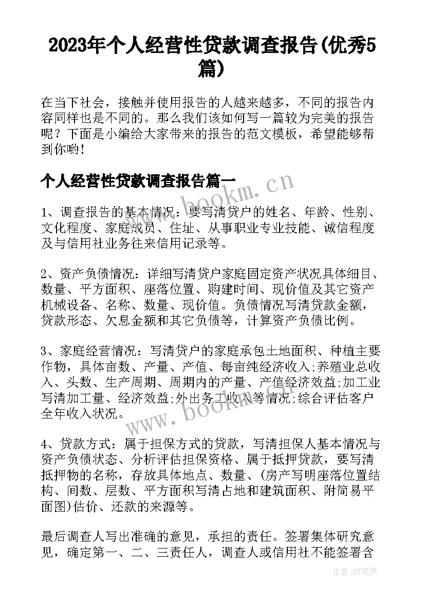 2023年个人经营性贷款调查报告(优秀5篇)