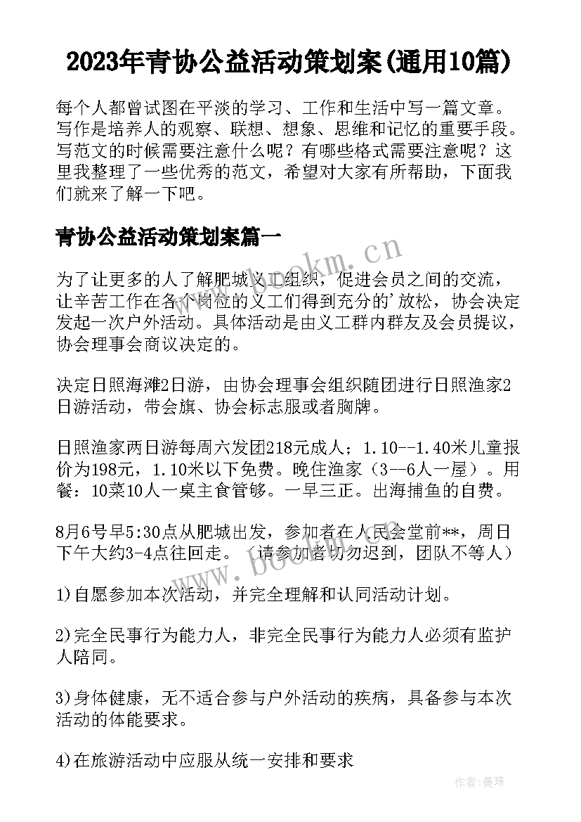 2023年青协公益活动策划案(通用10篇)