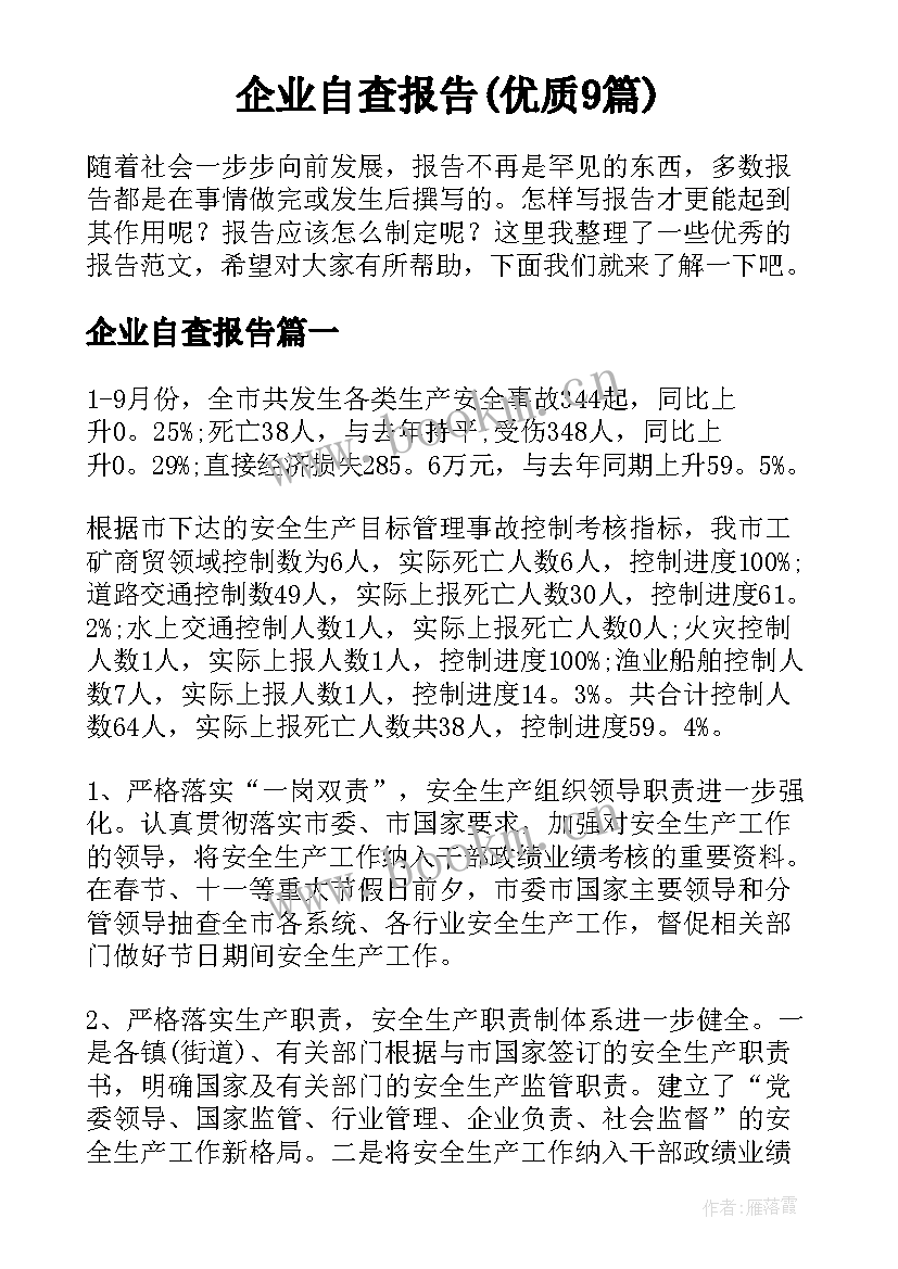 企业自查报告(优质9篇)