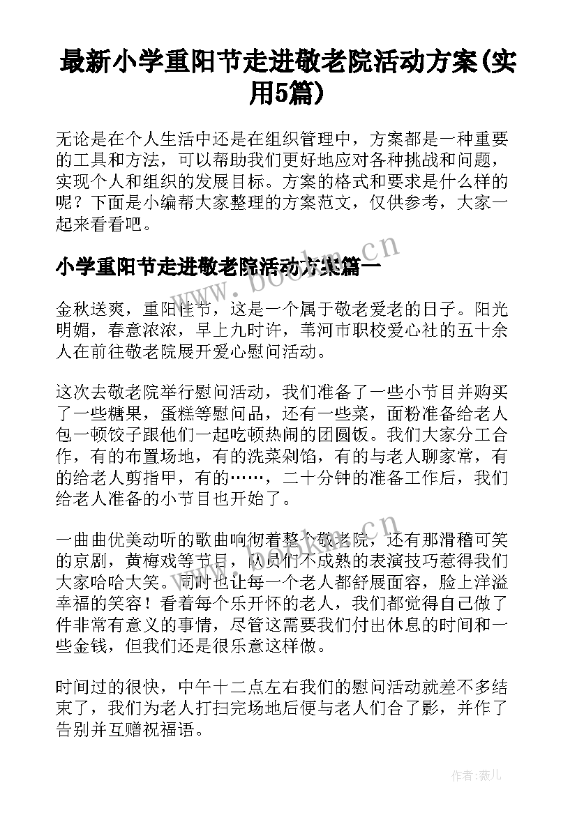 最新小学重阳节走进敬老院活动方案(实用5篇)