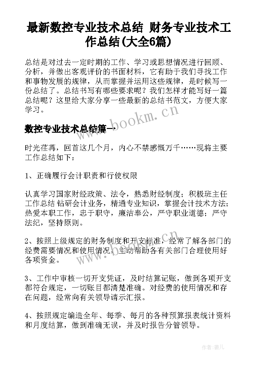 最新数控专业技术总结 财务专业技术工作总结(大全6篇)