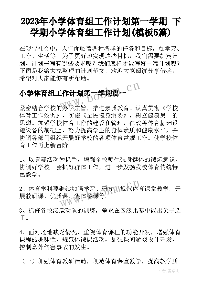 2023年小学体育组工作计划第一学期 下学期小学体育组工作计划(模板5篇)