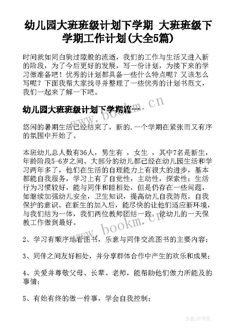 幼儿园大班班级计划下学期 大班班级下学期工作计划(大全5篇)