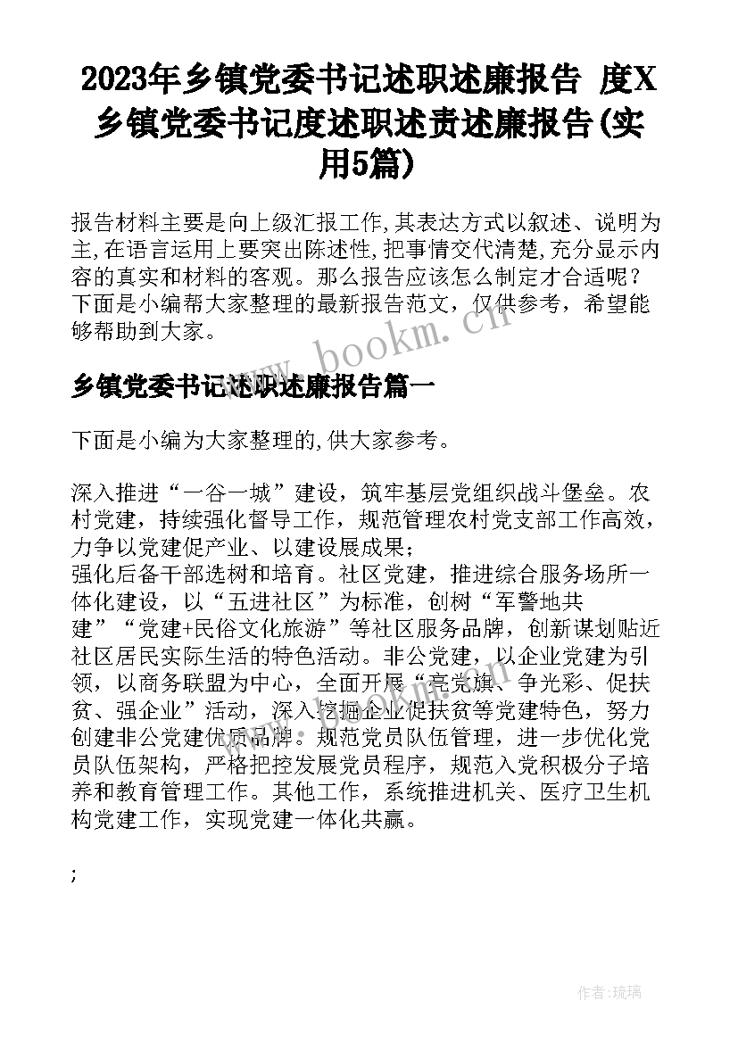 2023年乡镇党委书记述职述廉报告 度X乡镇党委书记度述职述责述廉报告(实用5篇)