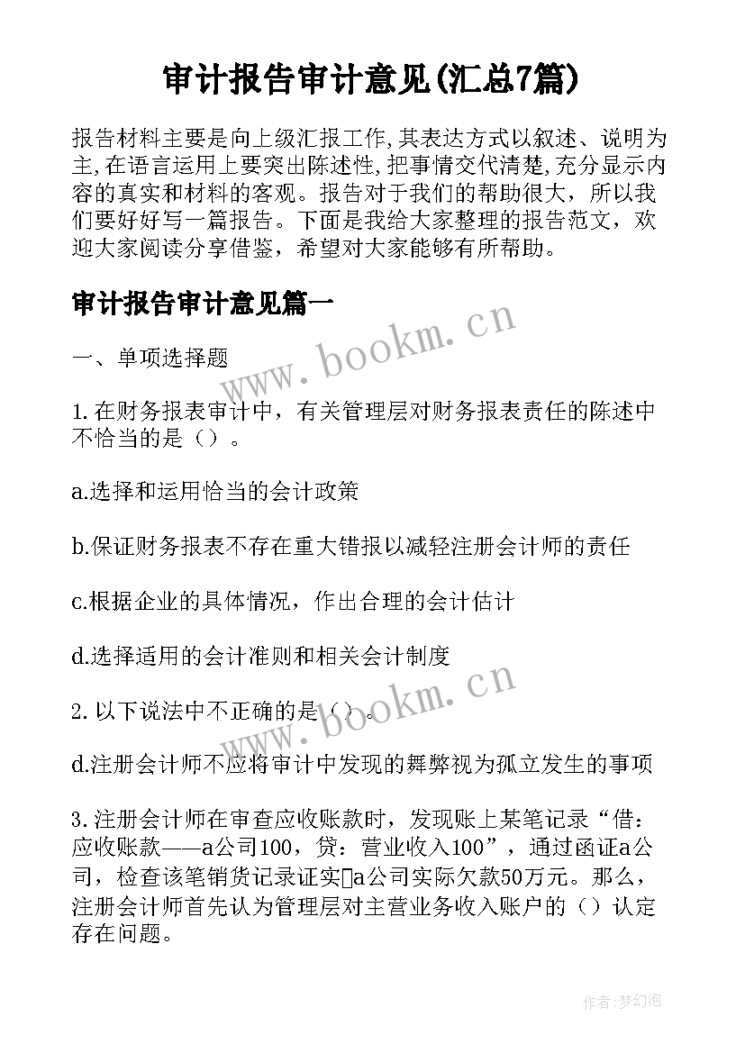 审计报告审计意见(汇总7篇)