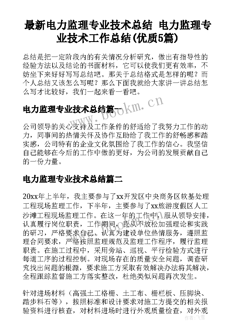 最新电力监理专业技术总结 电力监理专业技术工作总结(优质5篇)