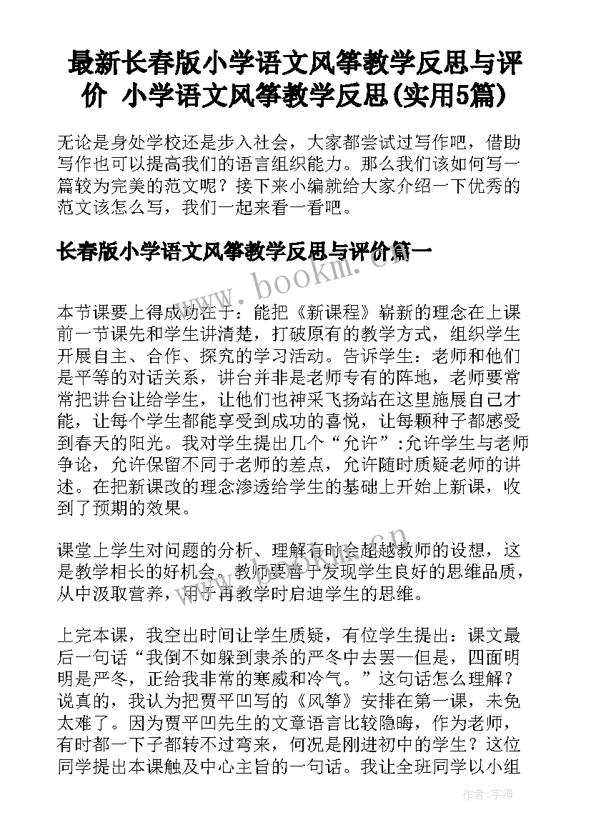 最新长春版小学语文风筝教学反思与评价 小学语文风筝教学反思(实用5篇)