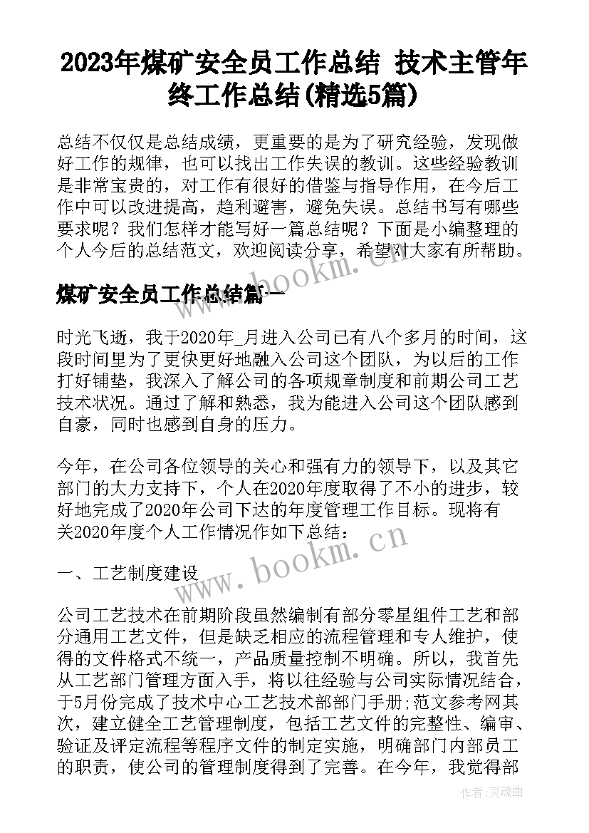 2023年煤矿安全员工作总结 技术主管年终工作总结(精选5篇)