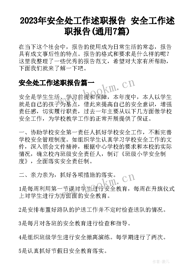 2023年安全处工作述职报告 安全工作述职报告(通用7篇)