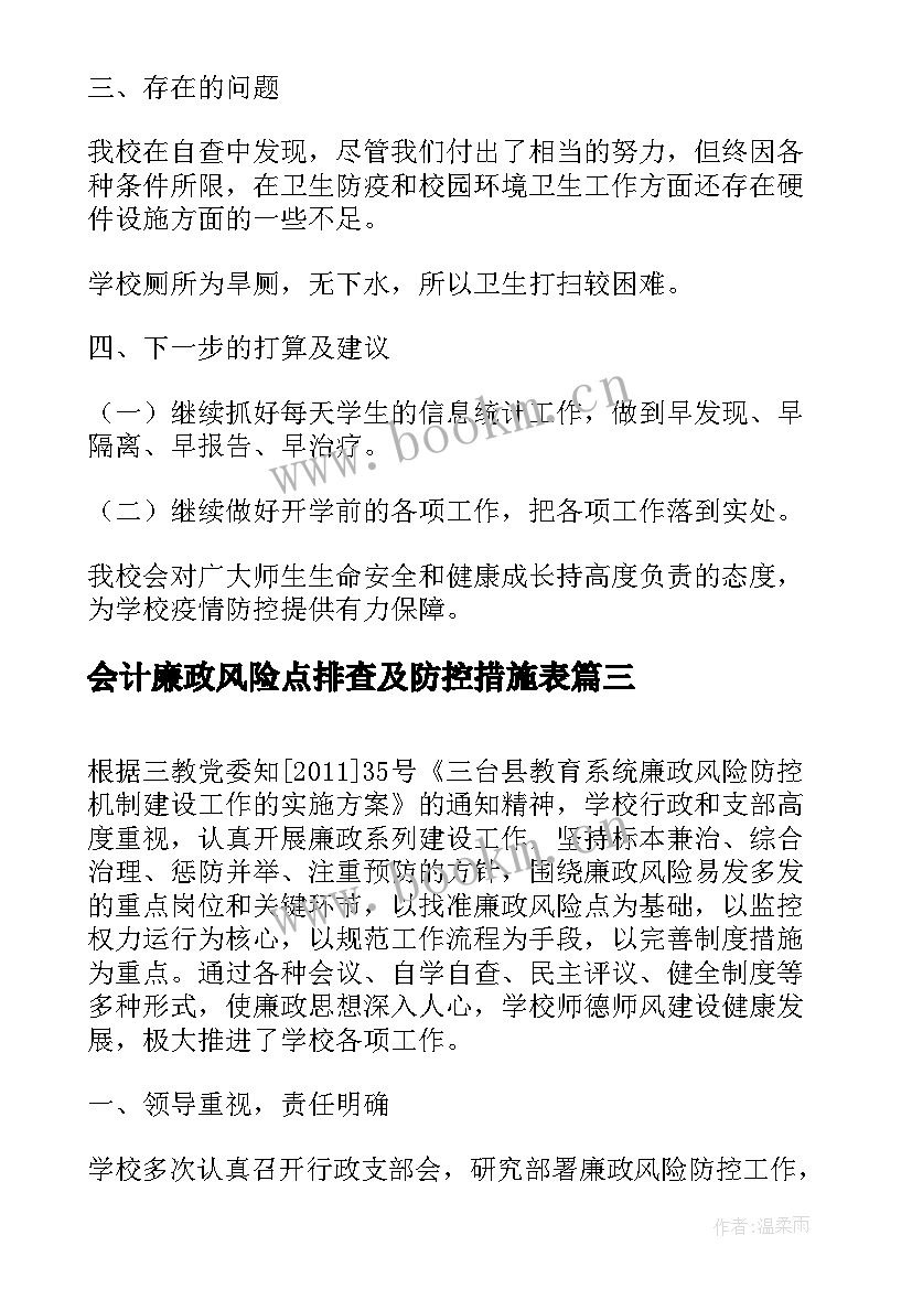 2023年会计廉政风险点排查及防控措施表 红十字会廉政风险防控工作自查报告(模板8篇)