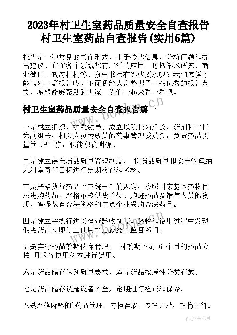 2023年村卫生室药品质量安全自查报告 村卫生室药品自查报告(实用5篇)