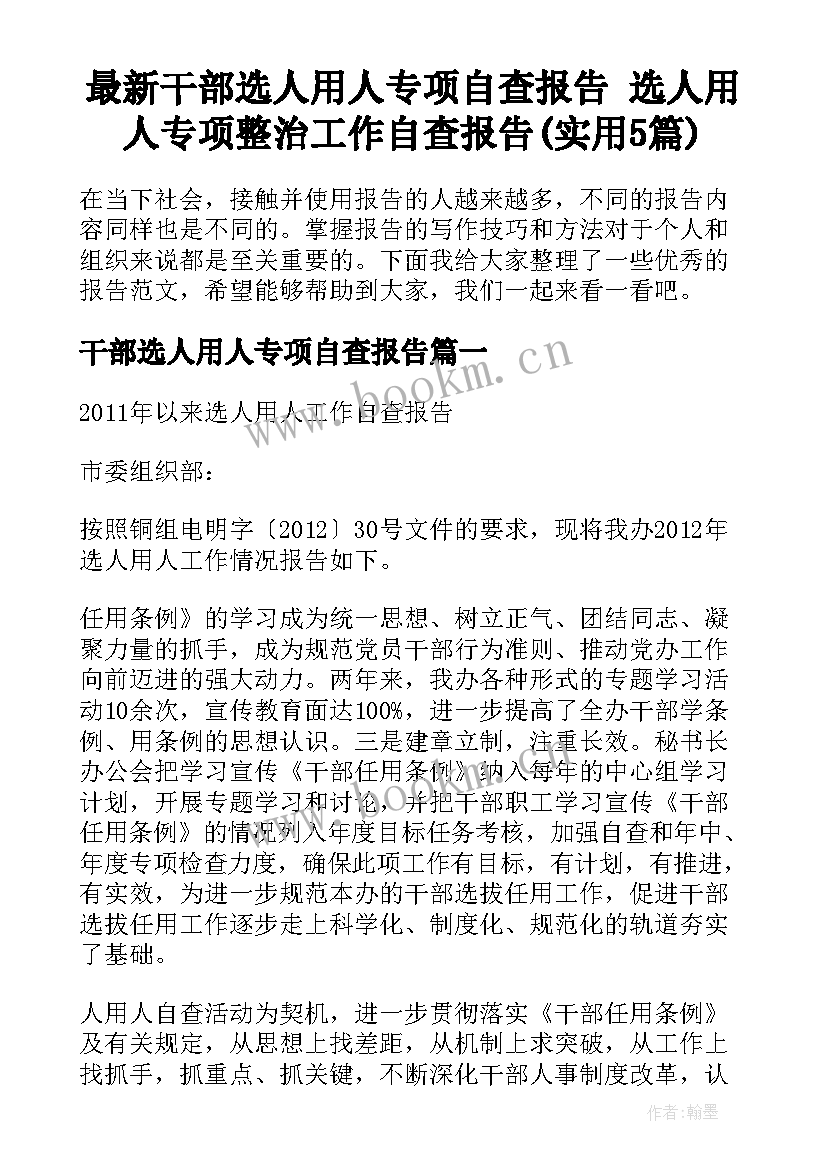 最新干部选人用人专项自查报告 选人用人专项整治工作自查报告(实用5篇)