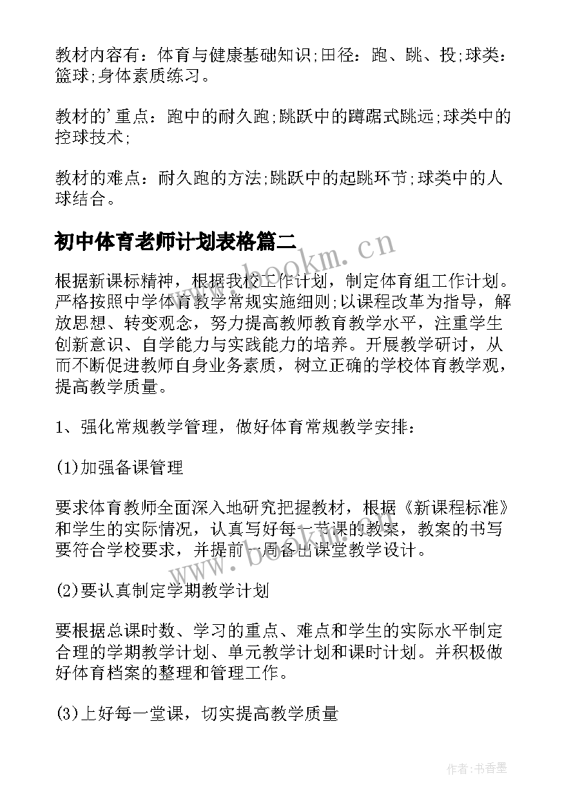 2023年初中体育老师计划表格 初中体育老师工作计划(通用5篇)