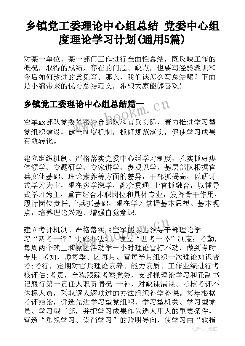 乡镇党工委理论中心组总结 党委中心组度理论学习计划(通用5篇)