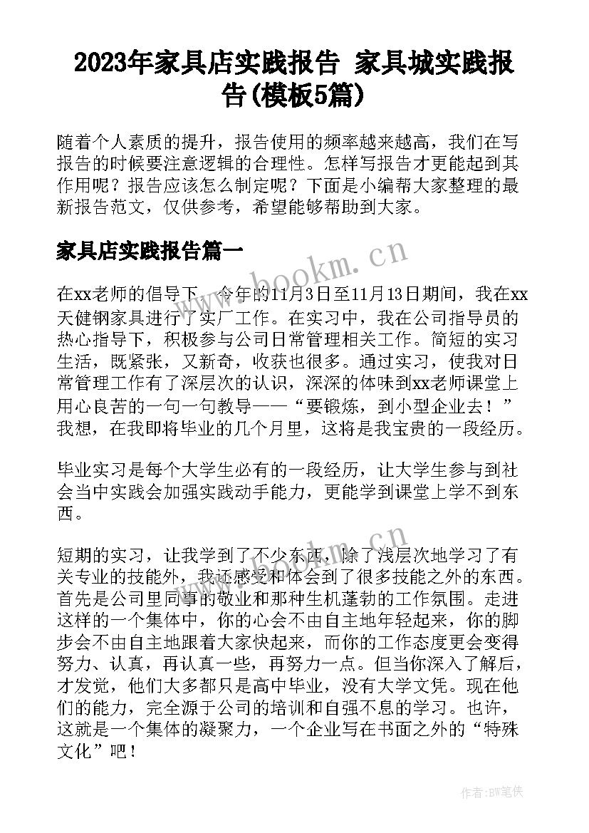 2023年家具店实践报告 家具城实践报告(模板5篇)