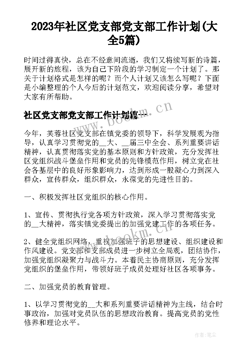2023年社区党支部党支部工作计划(大全5篇)