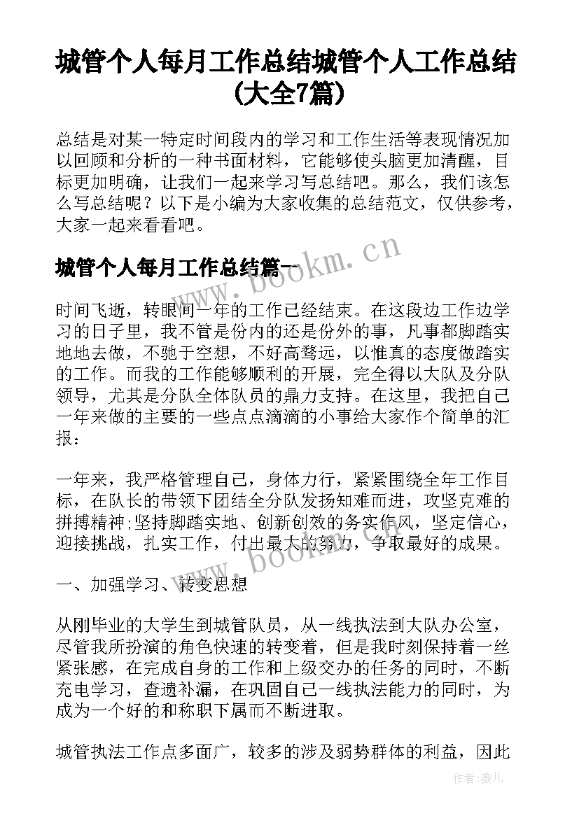 城管个人每月工作总结 城管个人工作总结(大全7篇)