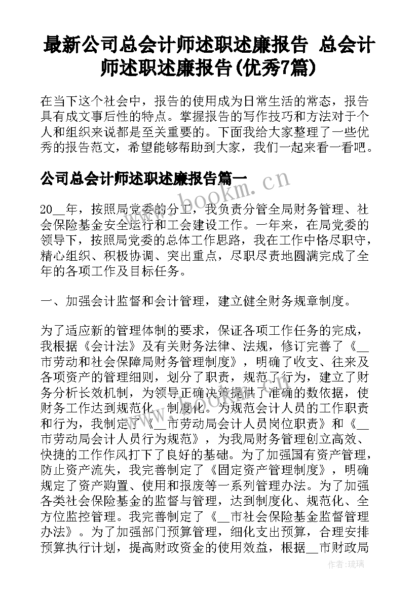 最新公司总会计师述职述廉报告 总会计师述职述廉报告(优秀7篇)