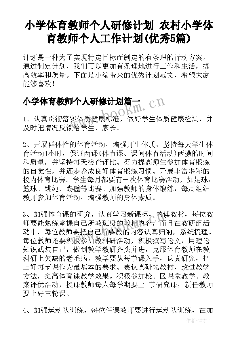 小学体育教师个人研修计划 农村小学体育教师个人工作计划(优秀5篇)