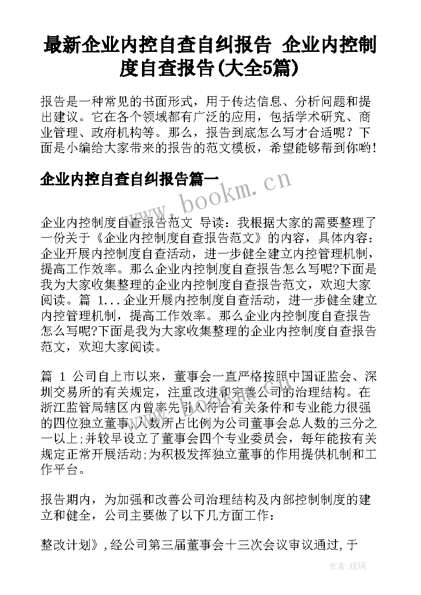 最新企业内控自查自纠报告 企业内控制度自查报告(大全5篇)