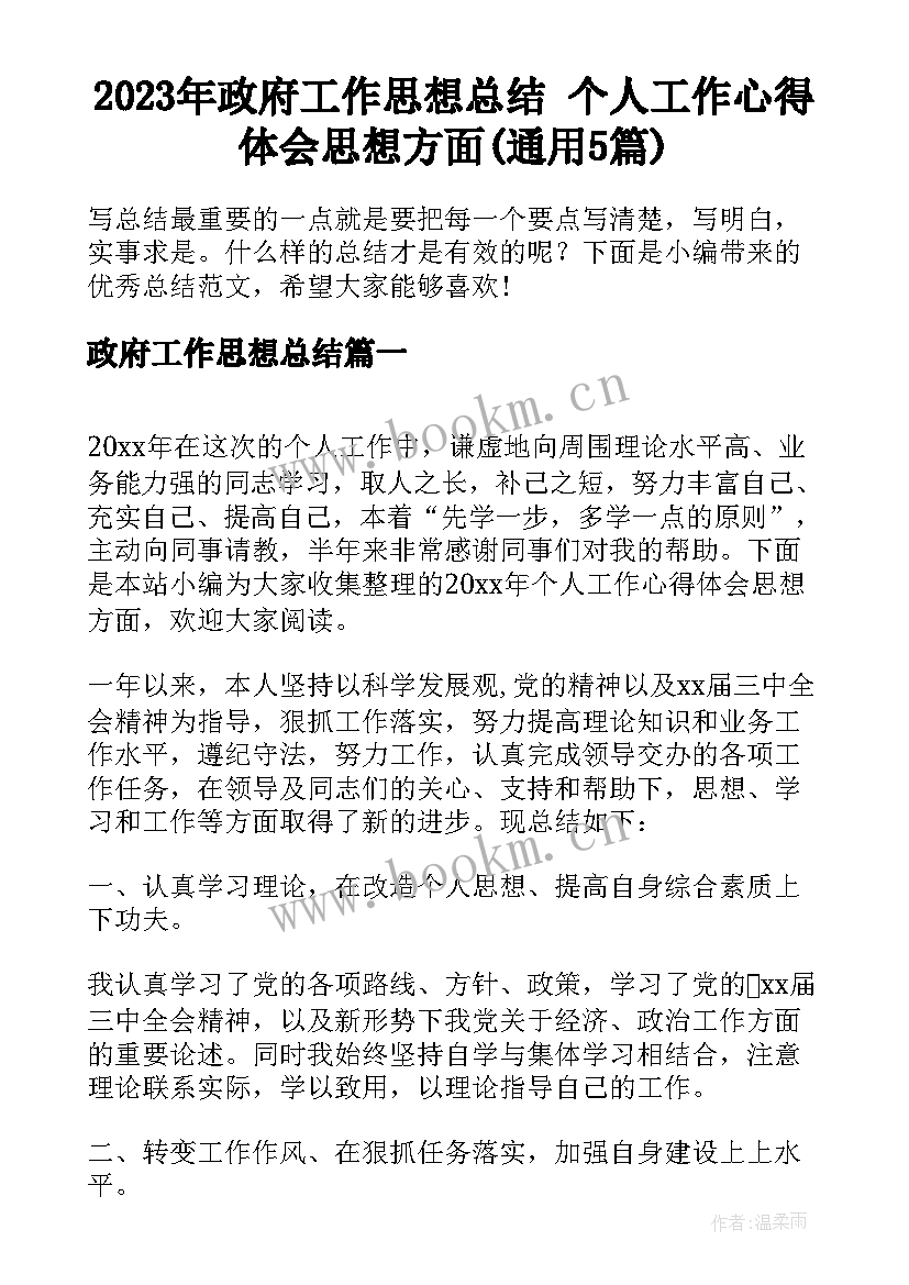 2023年政府工作思想总结 个人工作心得体会思想方面(通用5篇)