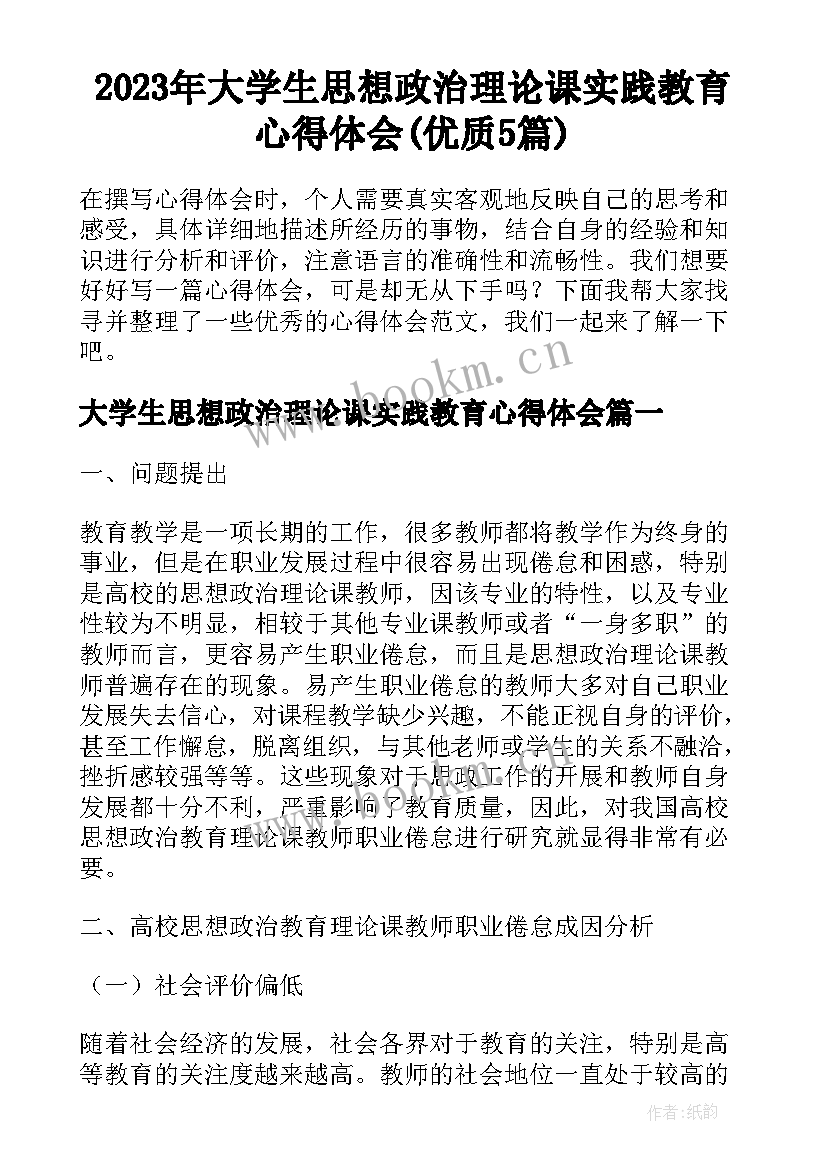 2023年大学生思想政治理论课实践教育心得体会(优质5篇)