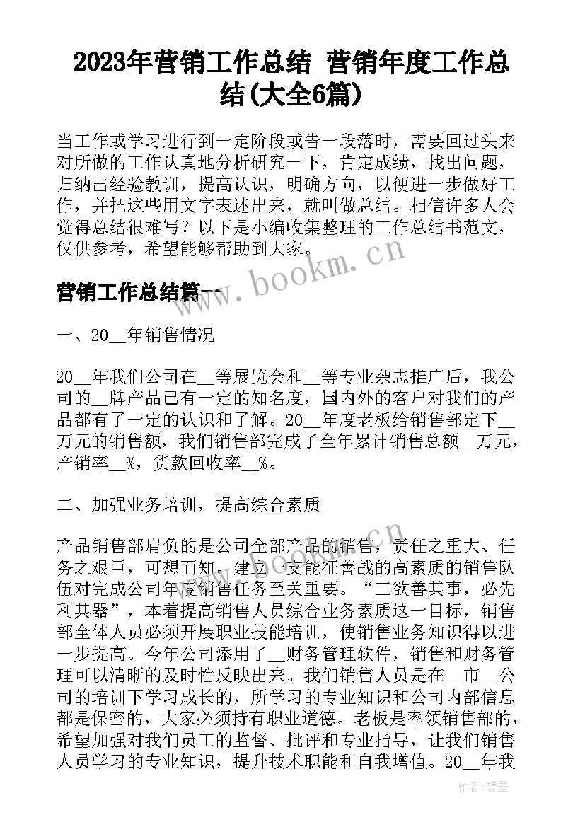 2023年营销工作总结 营销年度工作总结(大全6篇)