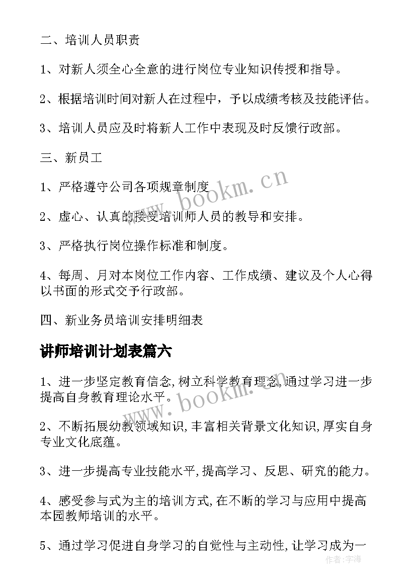 最新讲师培训计划表(精选10篇)