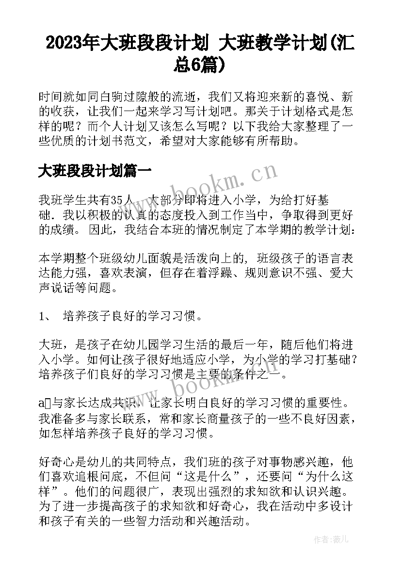 2023年大班段段计划 大班教学计划(汇总6篇)