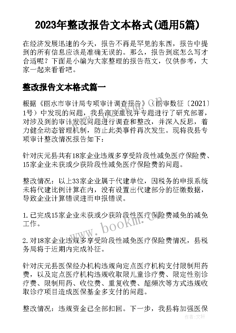 2023年整改报告文本格式(通用5篇)