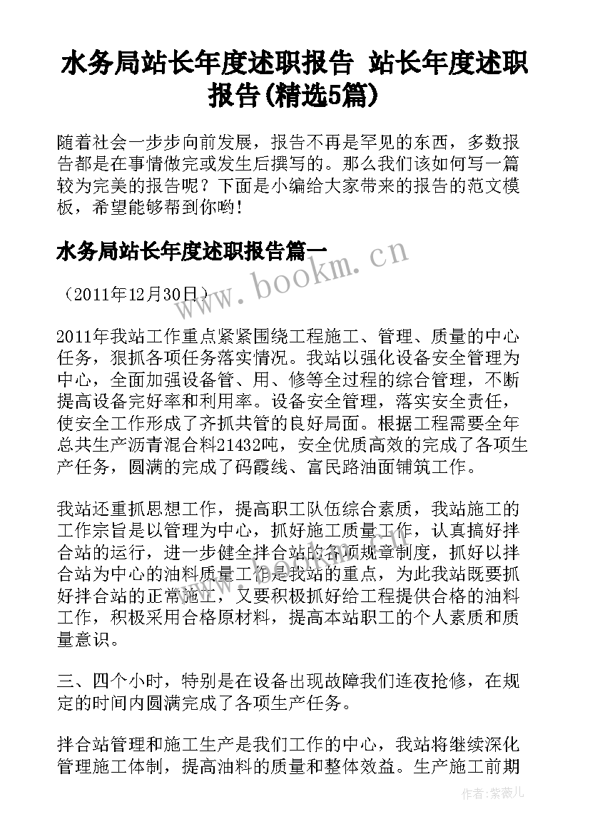 水务局站长年度述职报告 站长年度述职报告(精选5篇)