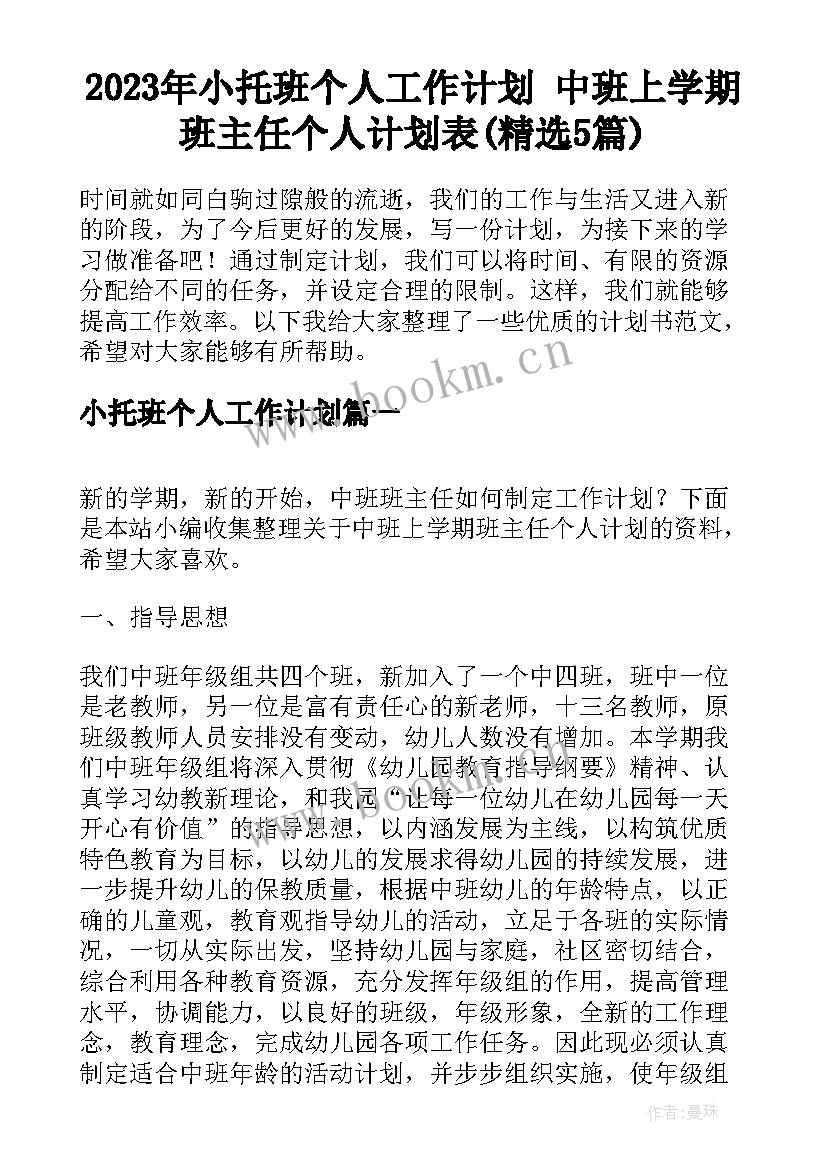 2023年小托班个人工作计划 中班上学期班主任个人计划表(精选5篇)