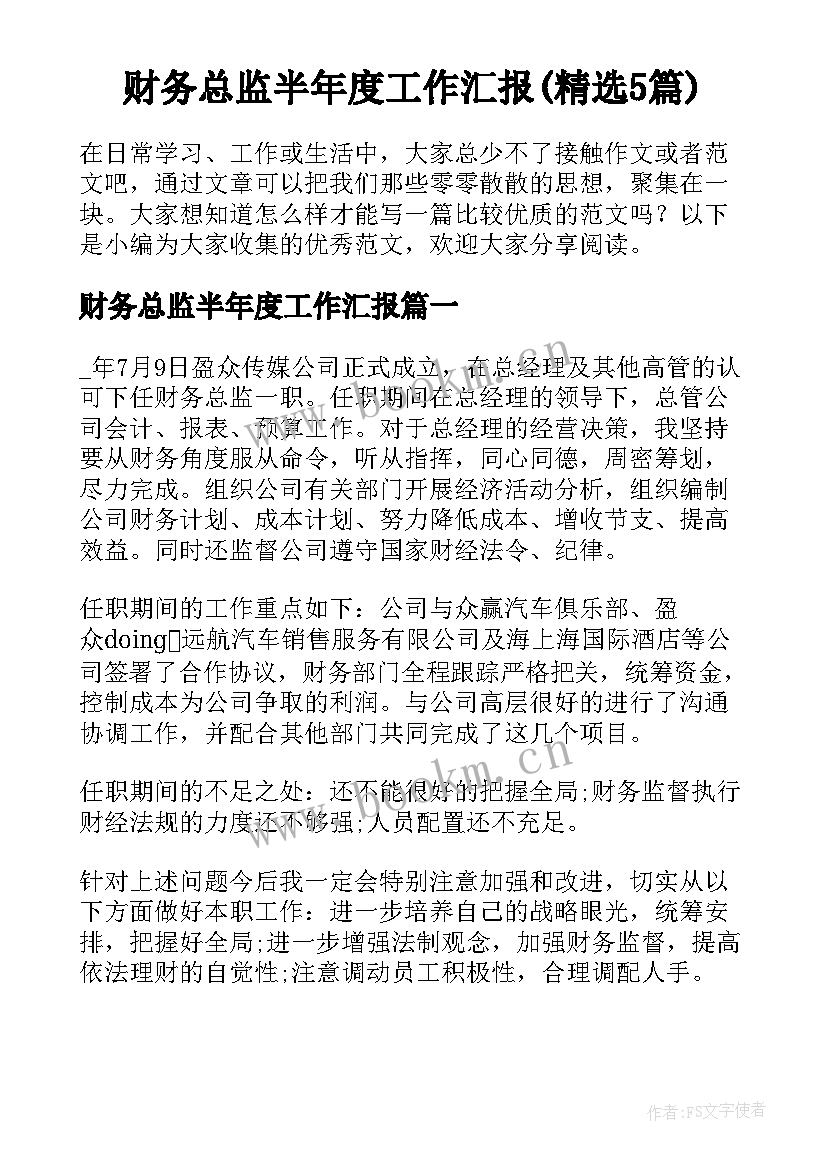 财务总监半年度工作汇报(精选5篇)