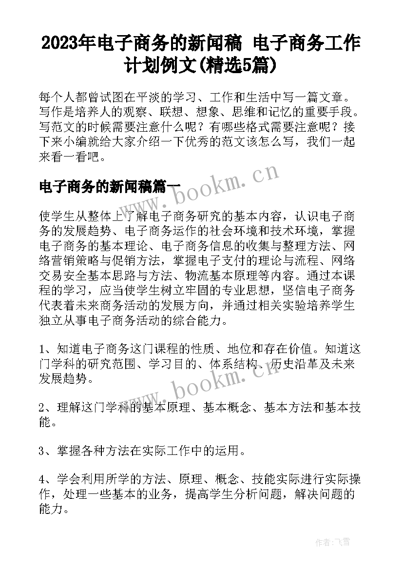 2023年电子商务的新闻稿 电子商务工作计划例文(精选5篇)