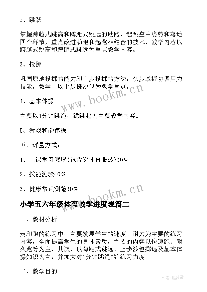 最新小学五六年级体育教学进度表 小学六年级体育教学计划(优质8篇)