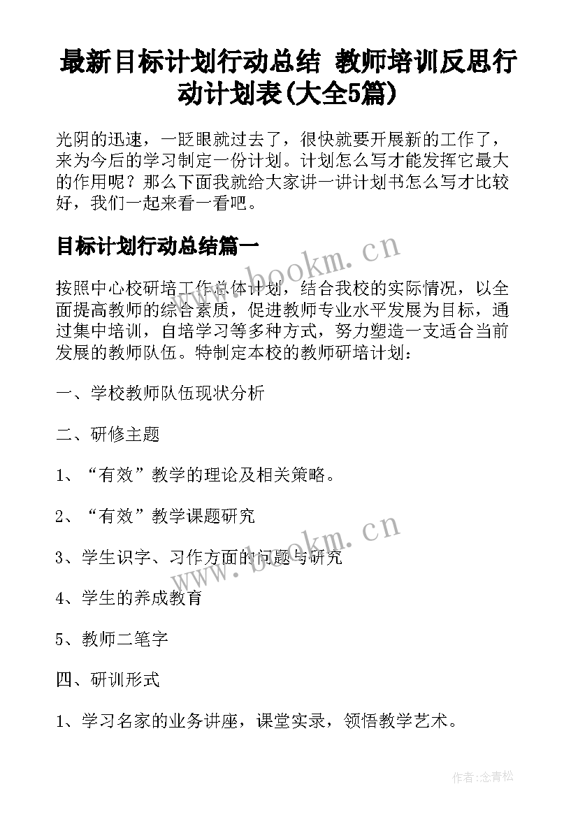 最新目标计划行动总结 教师培训反思行动计划表(大全5篇)