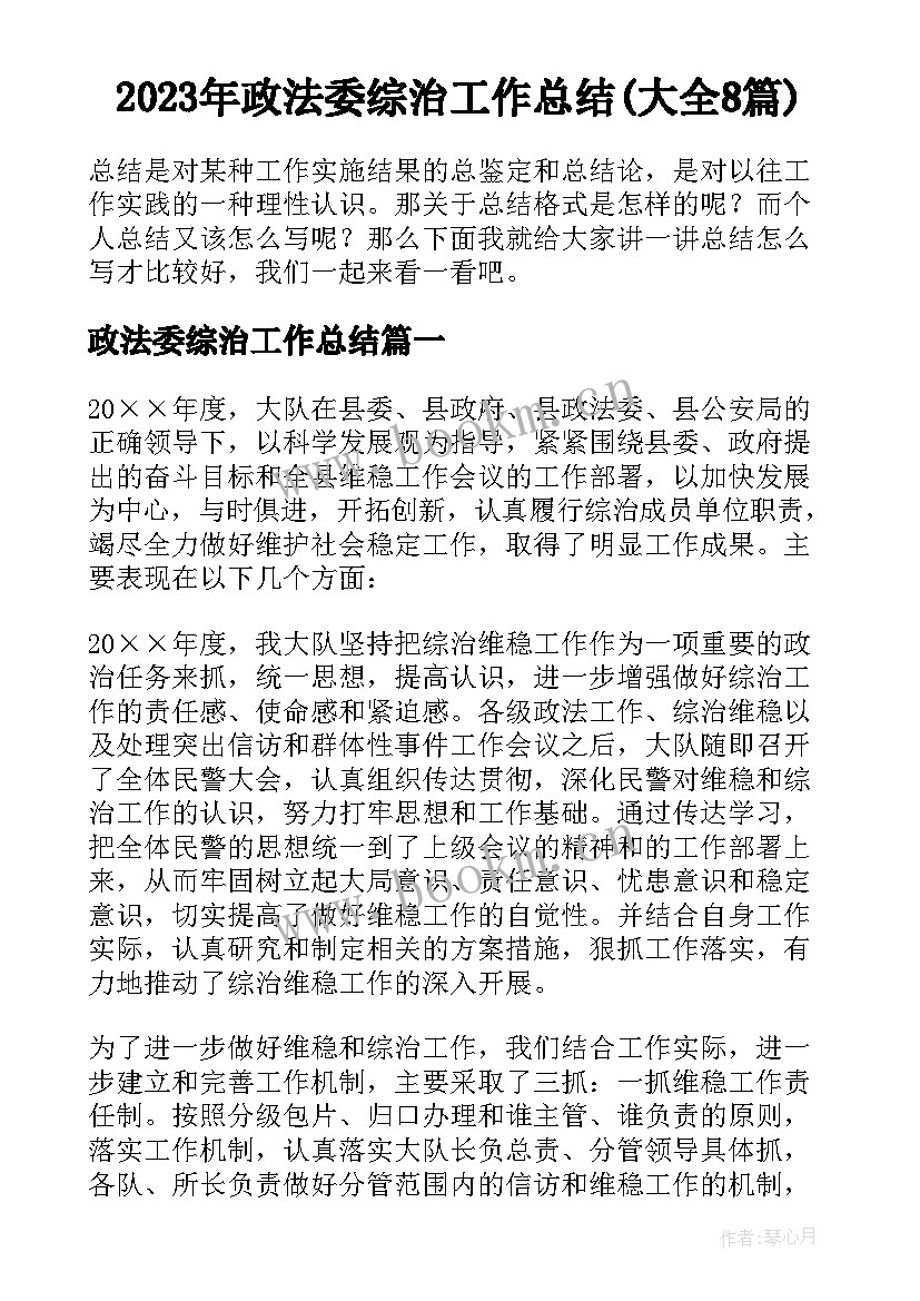 2023年政法委综治工作总结(大全8篇)