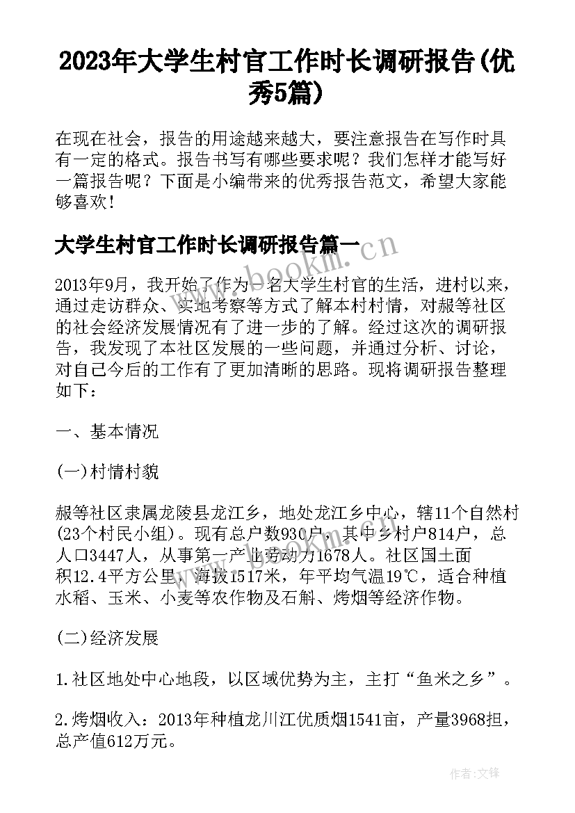 2023年大学生村官工作时长调研报告(优秀5篇)