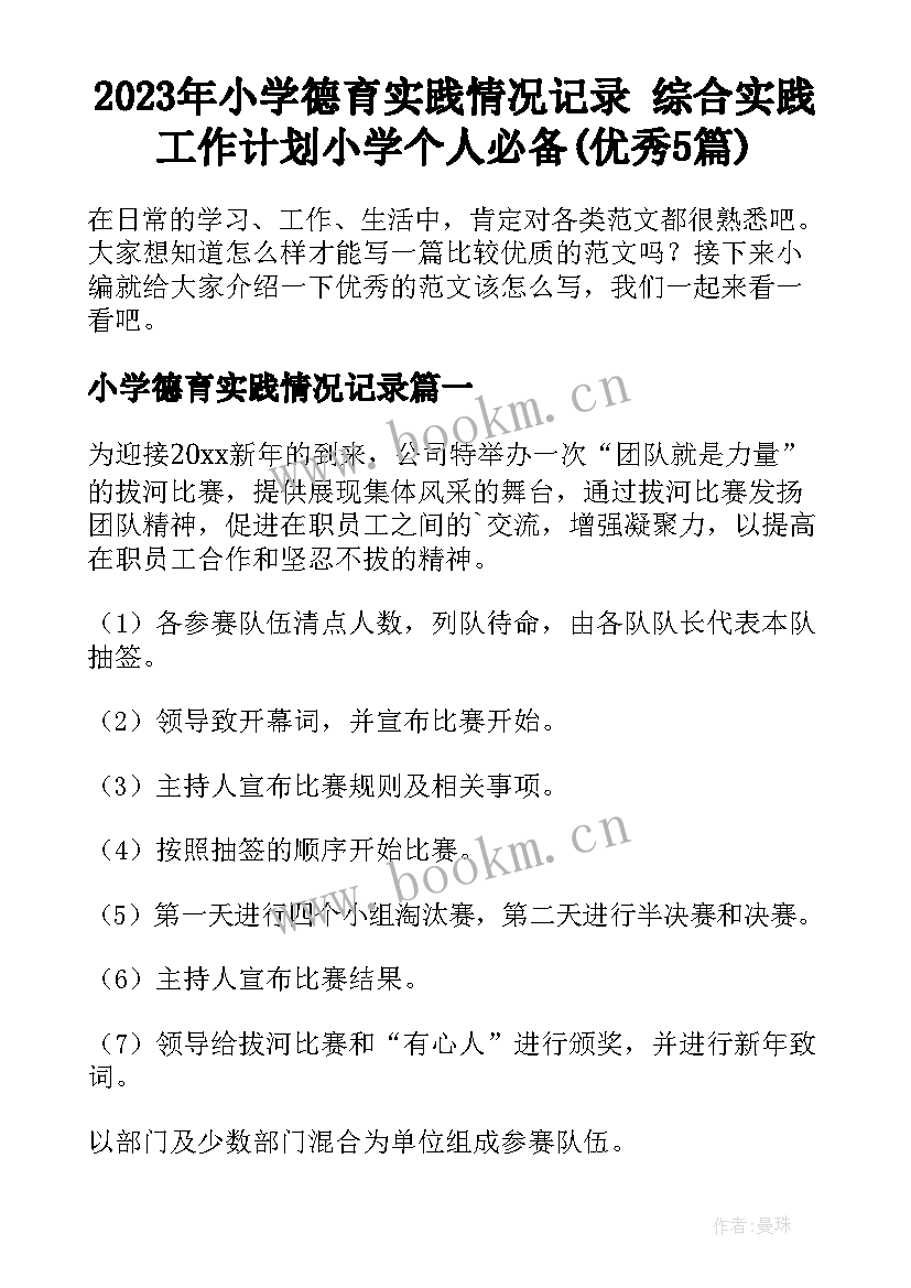 2023年小学德育实践情况记录 综合实践工作计划小学个人必备(优秀5篇)