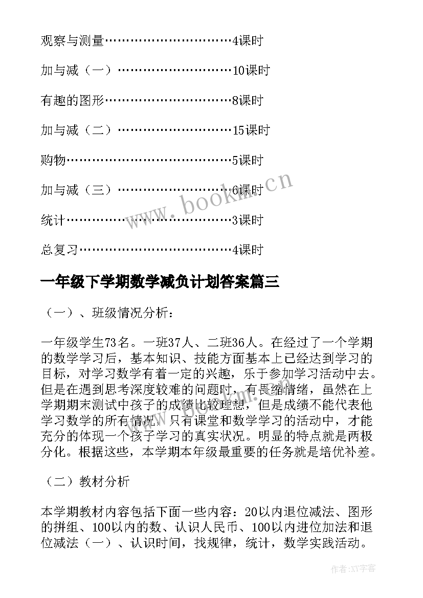 最新一年级下学期数学减负计划答案 一年级数学下学期教学计划(模板5篇)