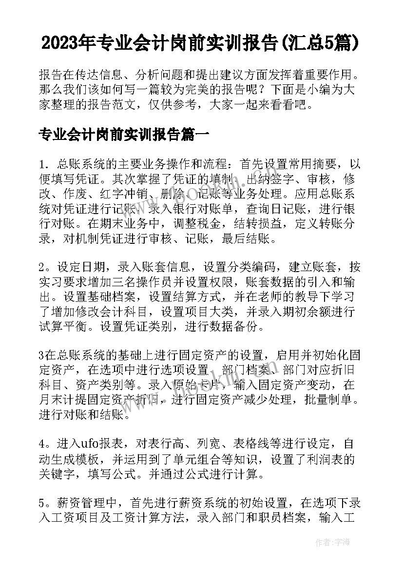 2023年专业会计岗前实训报告(汇总5篇)