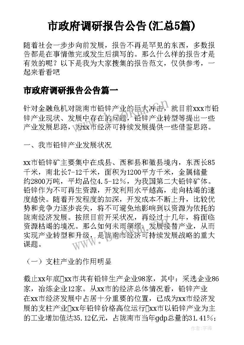 市政府调研报告公告(汇总5篇)